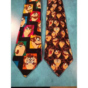 Lot of 2 Vintage Looney Tunes Taz Silk Neckties –‎ Tasmanian Devil Cartoon Print